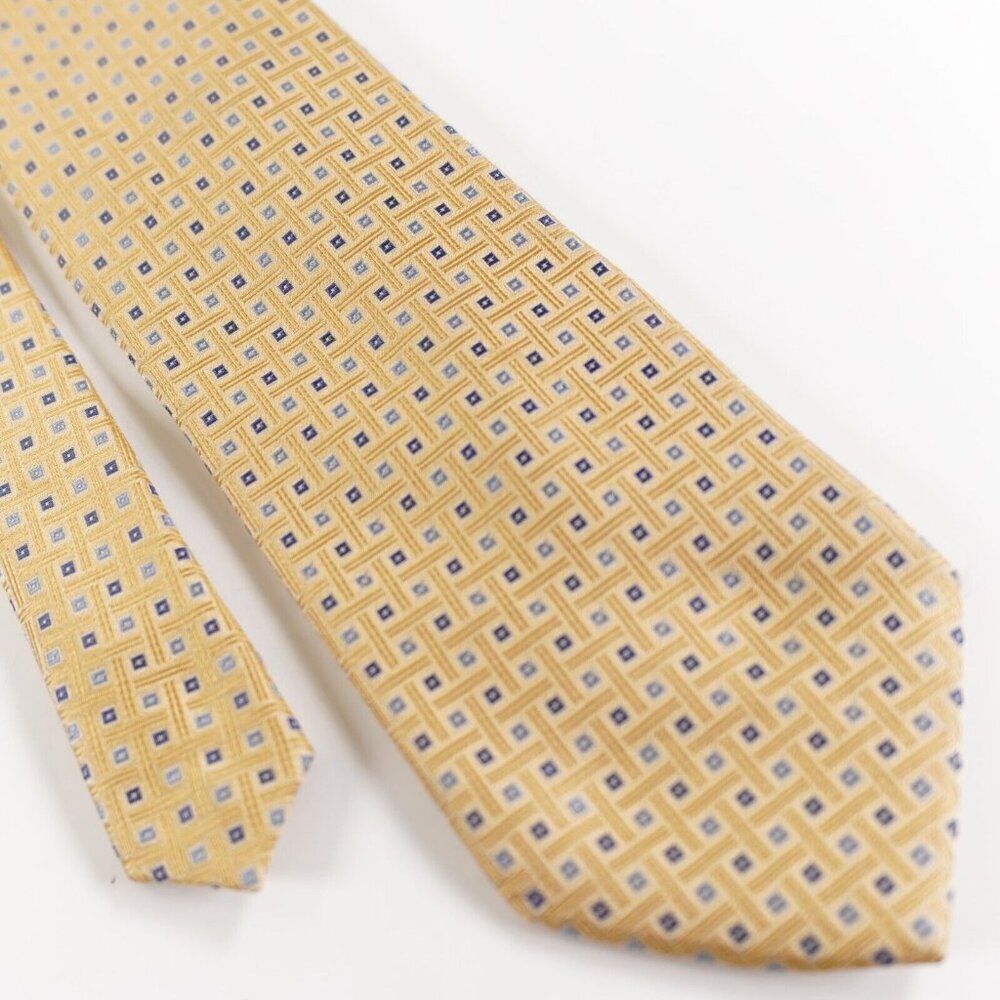 Pronto Uomo Yellow‎ Blue Geomeric Check Woven Silk Tie